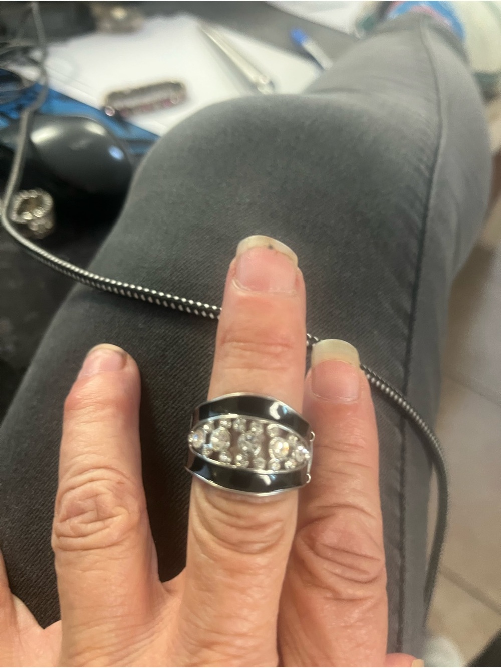 Silver-Tone Statement Ring with Clear Crystal Accent stretch